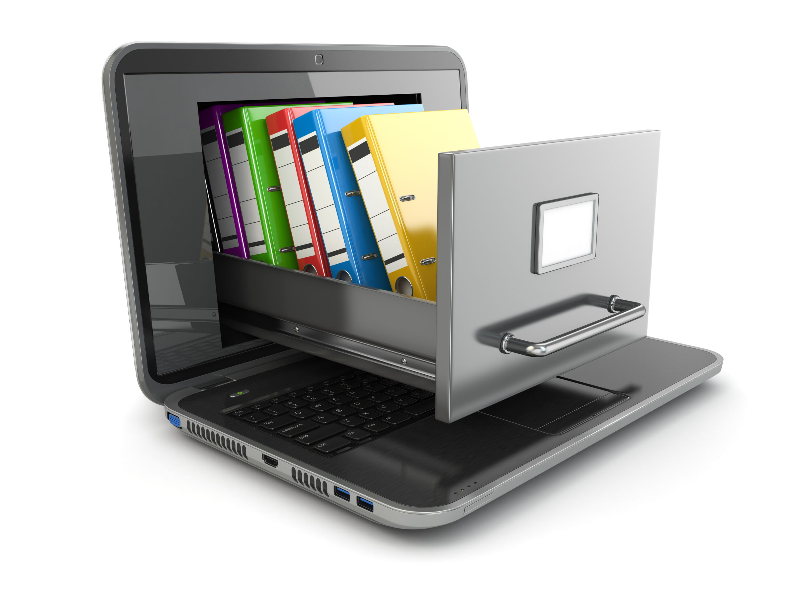 Data storage. Laptop and file cabinet with ring binders. 3d